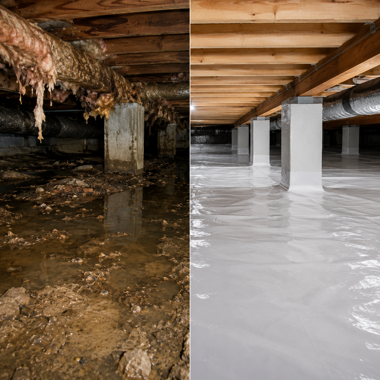 Illustrative crawl-space inspection with a professional using a flashlight beneath a home